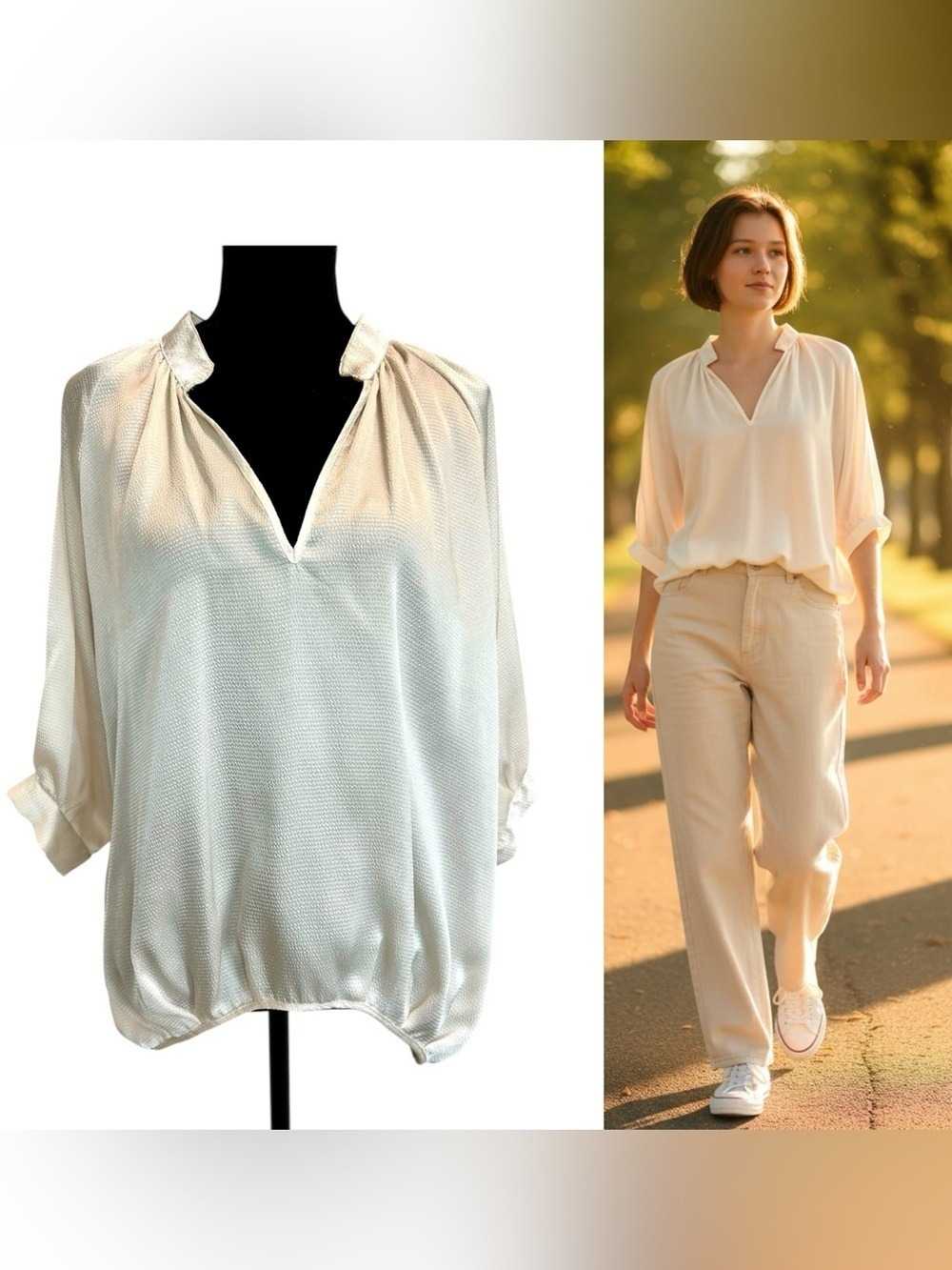 Cream V-Neck Lightweight Blouse